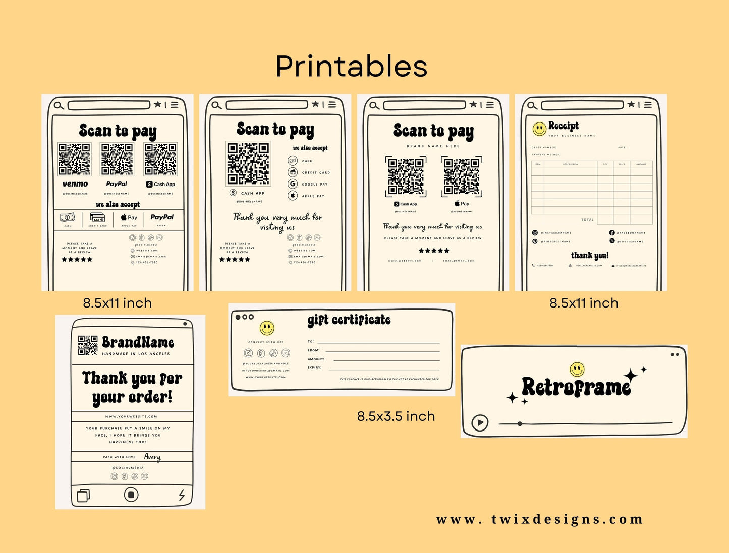 Small Business Printable Kit Canva Templates – Thank You Card, Loyalty Card, Gift Certificate, QR Code Payment Retroframe Theme