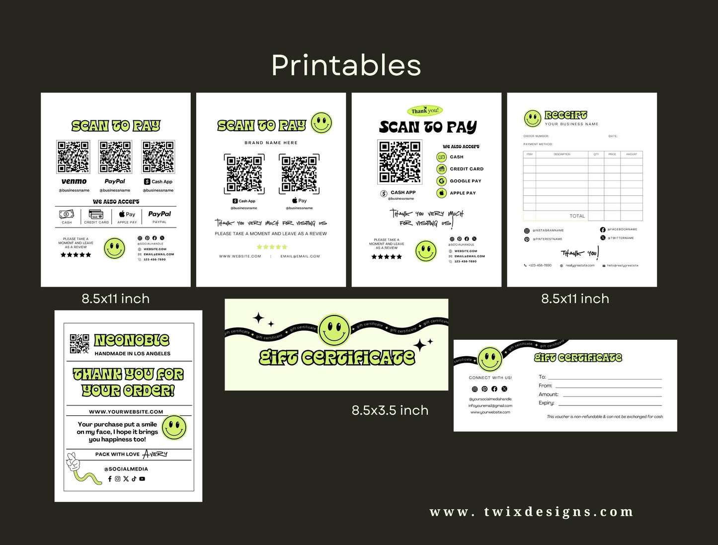 Small Business Printable Kit Canva Templates – Thank You Card, Loyalty Card, Gift Certificate, QR Code Payment NeoNoble Theme