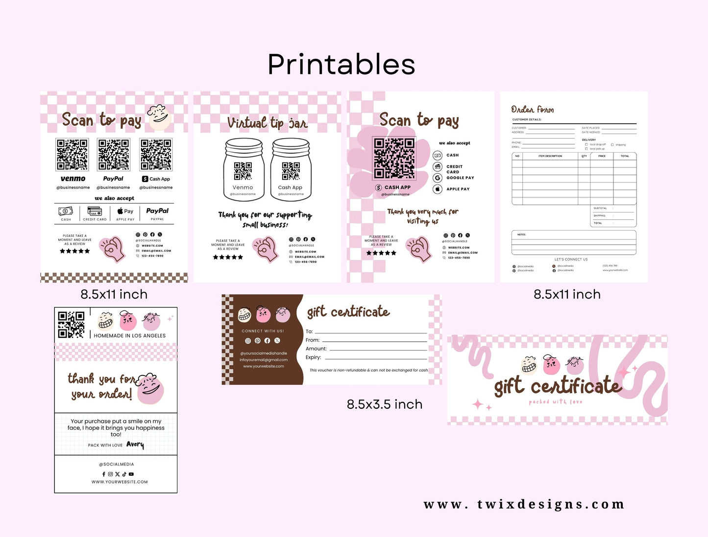 Small Business Printable Kit Canva Templates – Thank You Card, Loyalty Card, Gift Certificate, QR Code Payment lovebites Bakery Playful Cafe Theme