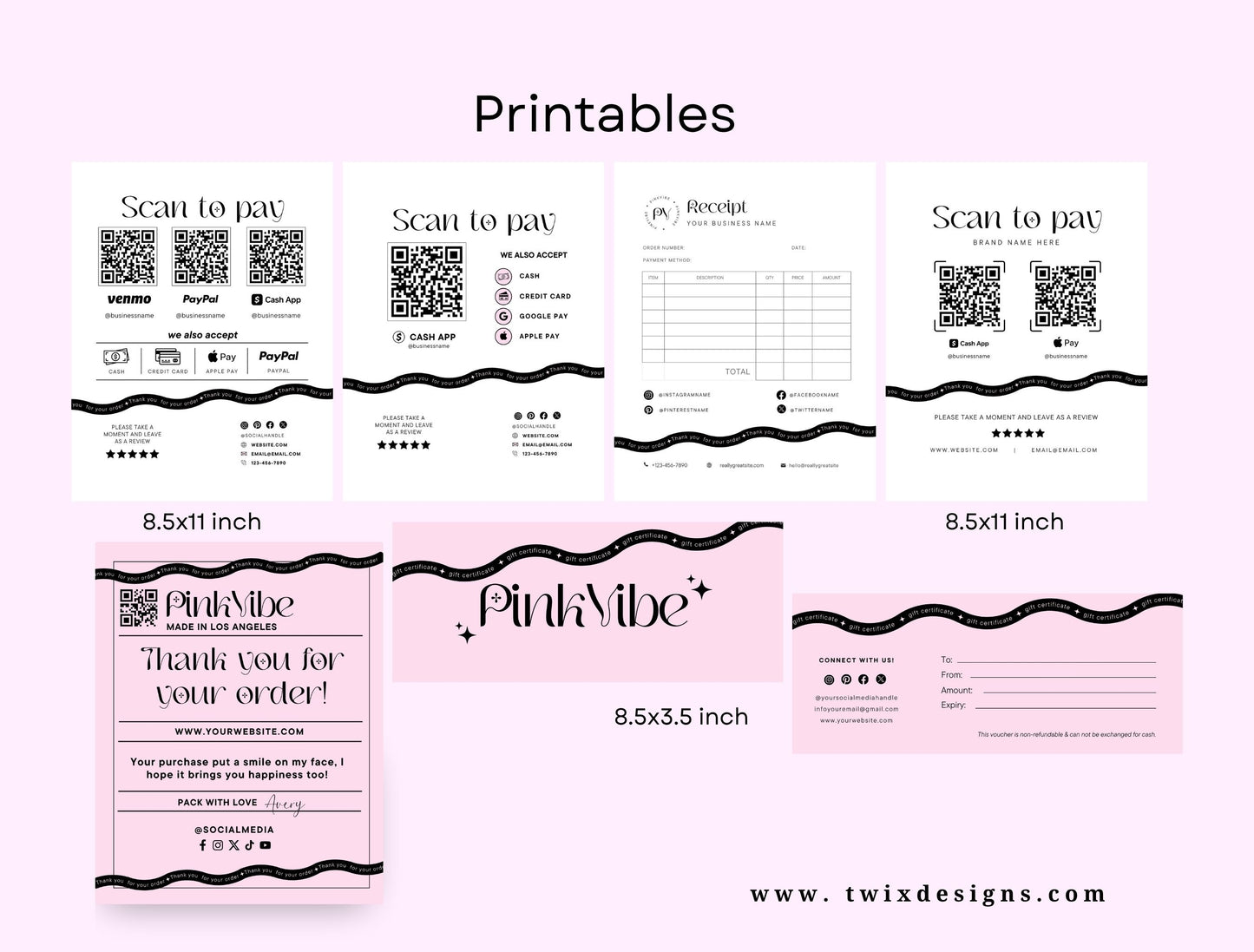 Small Business Printable Kit Canva Templates – Thank You Card, Loyalty Card, Gift Certificate, QR Code Payment Pinkvibe Theme