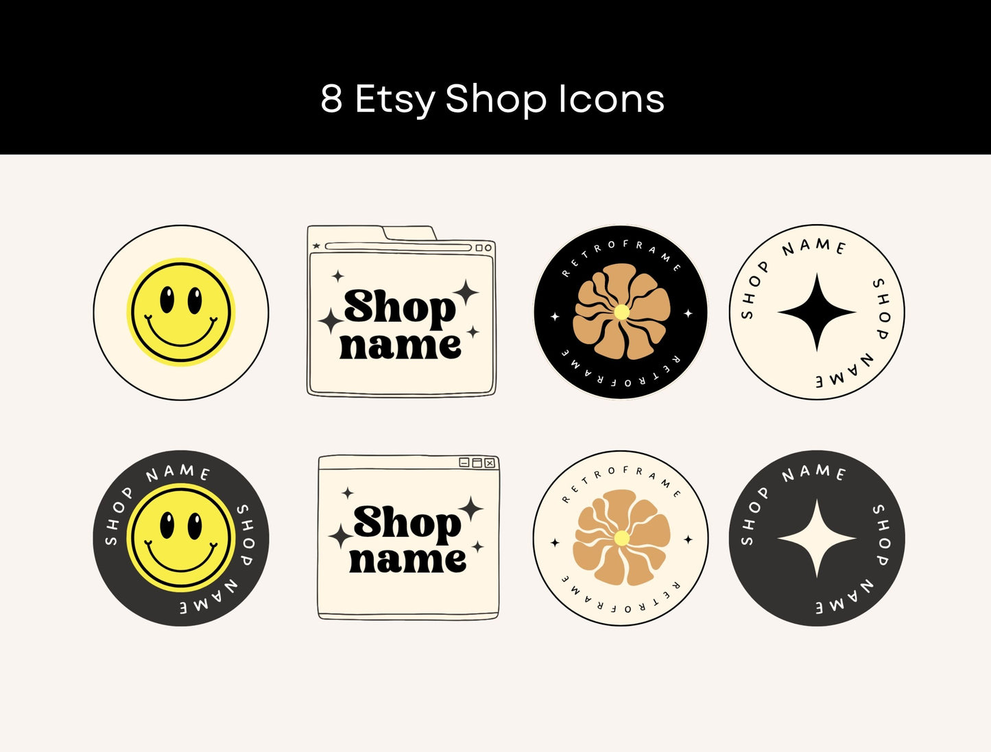 Etsy Shop Kit Retroframe Bundle, Editable Canva Templates, Product Listing Photos Mockup, Etsy Seller Retro Drawn Store Branding