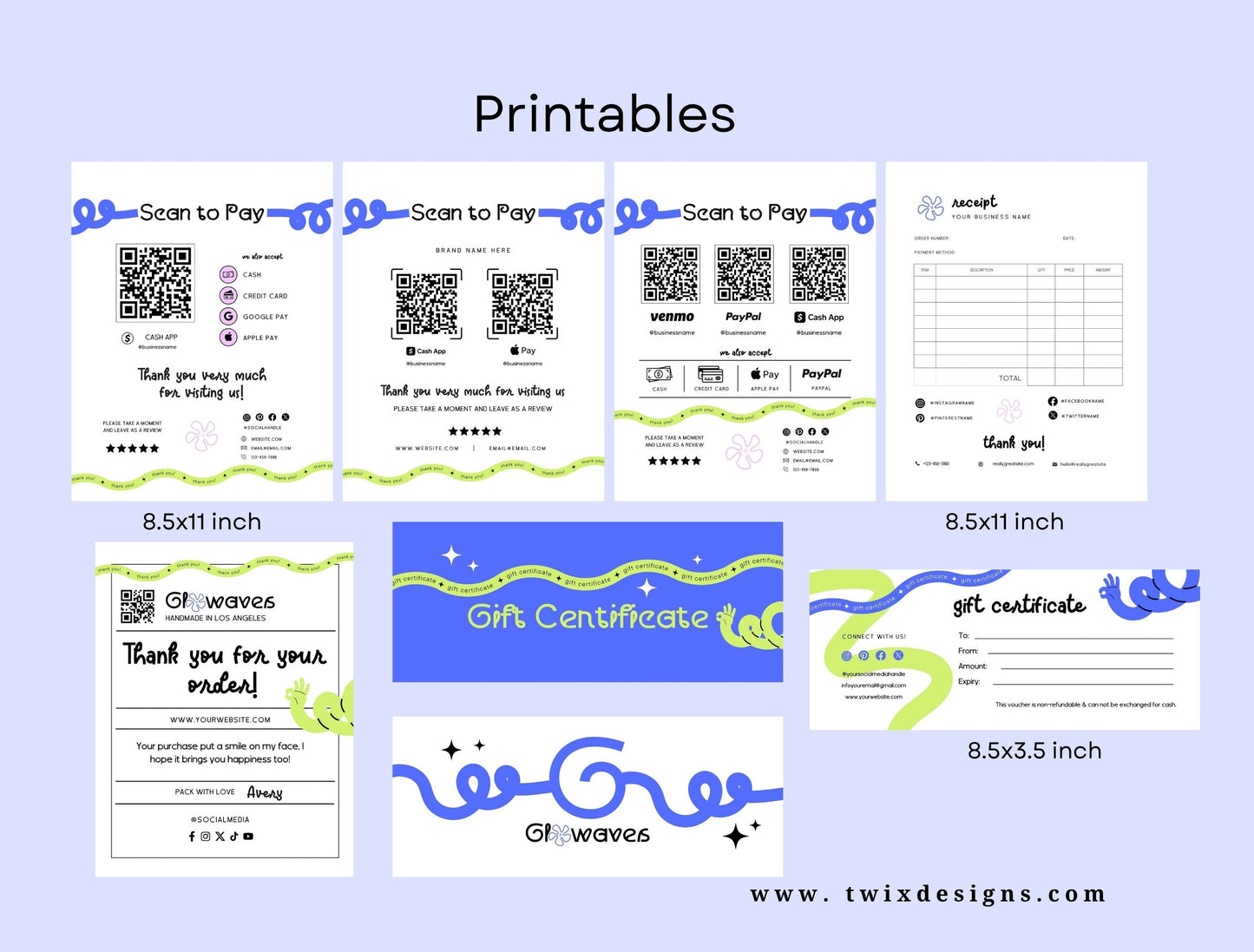 Small Business Printable Kit Canva Templates – Thank You Card, Loyalty Card, Gift Certificate, QR Code Payment Glowaves Theme