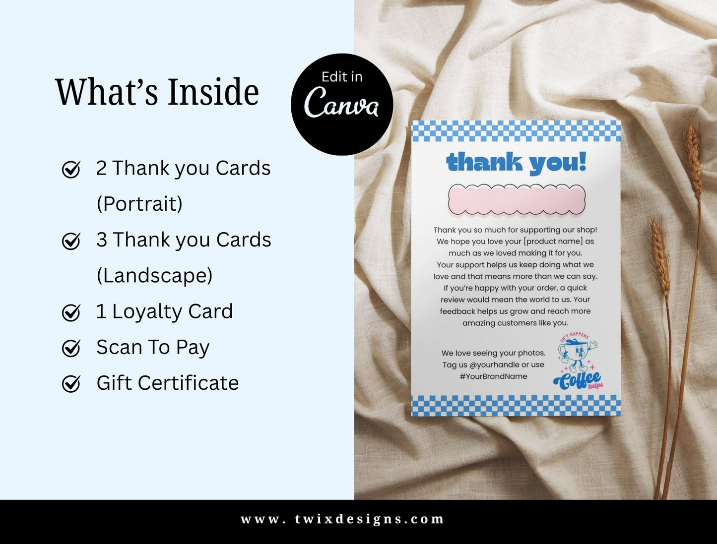Small Business Printable Kit Canva Templates – Thank You Card, Loyalty Card, Gift Certificate, QR Code Payment JAva CafeTheme