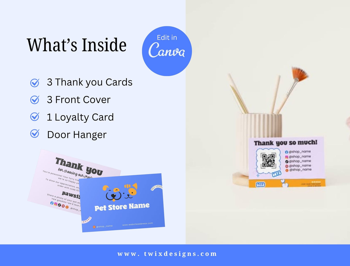 Pet Business Printable Canva Templates – Thank You & Loyalty Card, Door Hanger QR Code SnuggleTails Blue Theme