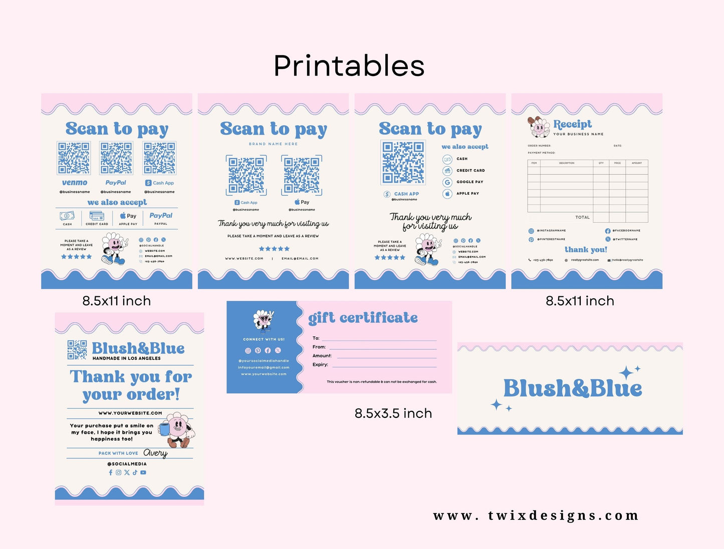 Small Business Printable Kit Canva Templates – Thank You Card, Loyalty Card, Gift Certificate, QR Code Payment Blush&Blue Theme