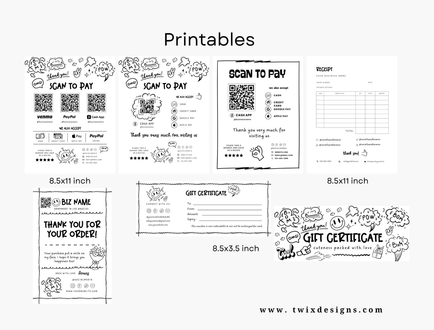Small Business Printable Canva Templates – Thank You & Loyalty Card, Gift Certificate, QR Code Payment comiko Theme