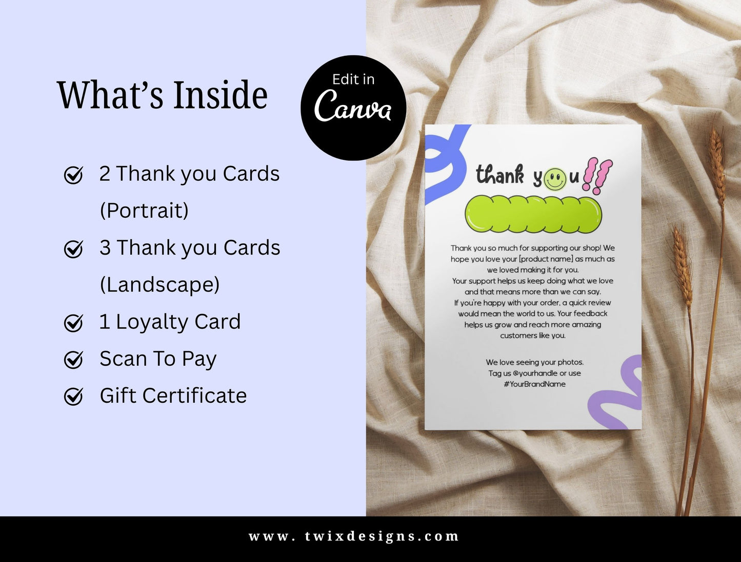 Small Business Printable Kit Canva Templates – Thank You Card, Loyalty Card, Gift Certificate, QR Code Payment Glowaves Theme