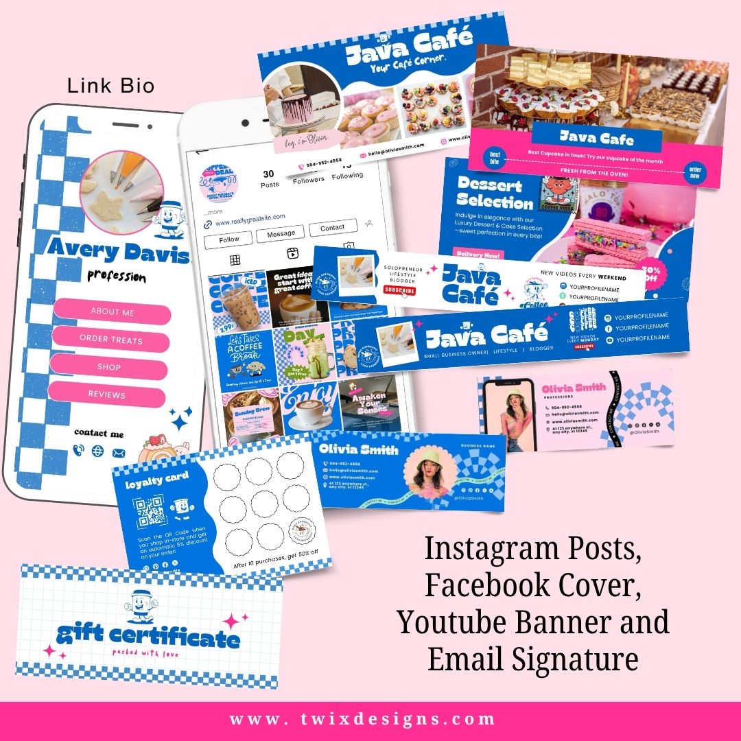 Branding Kit Java Cafe Editable Canva Templates Business Cards Marketing Posts Sweet Blue Pink Bakery Cafe Theme