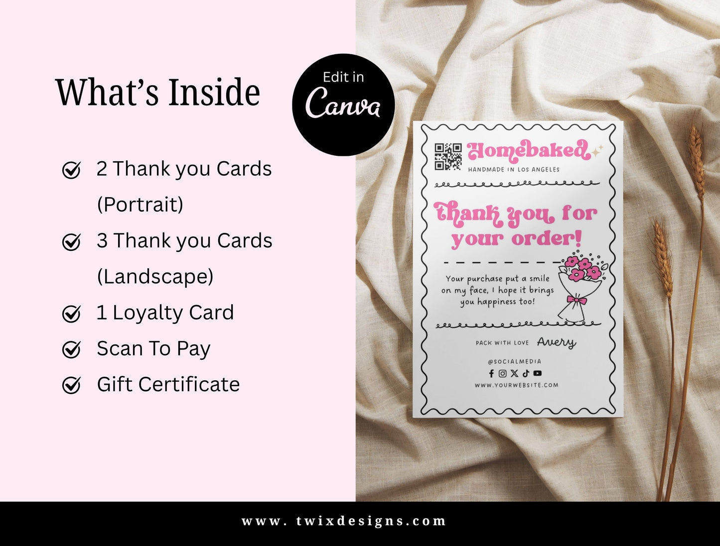 Small Business Printable Kit Canva Templates – Thank You Card, Loyalty Card, Gift Certificate, QR Code Payment Homebaked Bakery Pink Cafe Theme