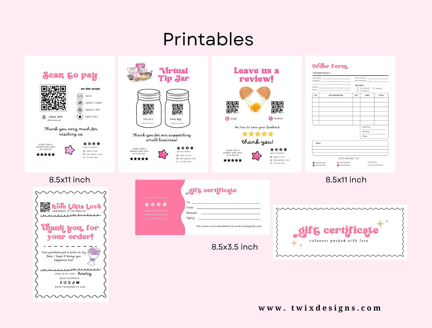 Small Business Printable Kit Canva Templates – Thank You Card, Loyalty Card, Gift Certificate, QR Code Payment Hole Lotta Love Bakery Pink Cafe Theme
