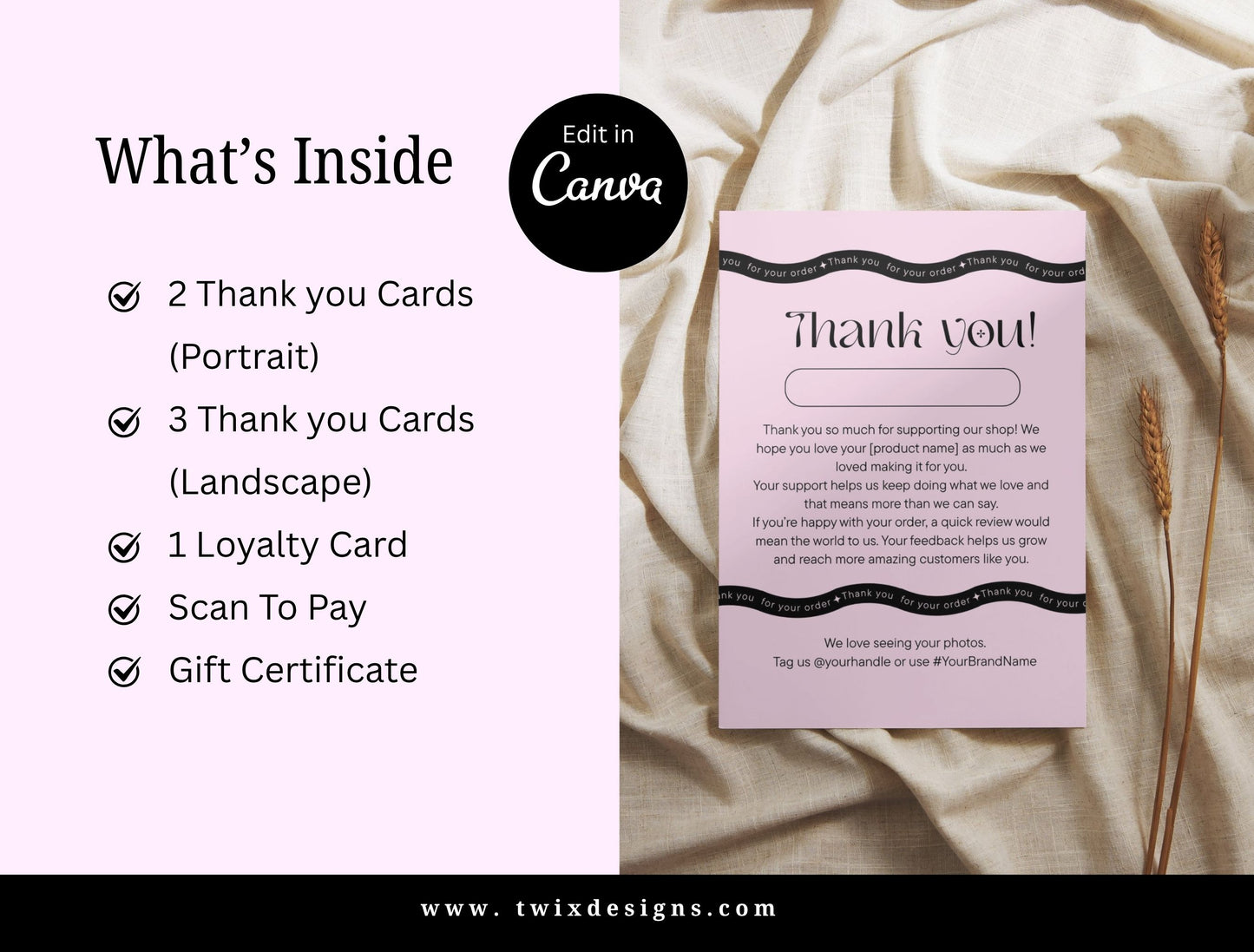 Small Business Printable Kit Canva Templates – Thank You Card, Loyalty Card, Gift Certificate, QR Code Payment Pinkvibe Theme