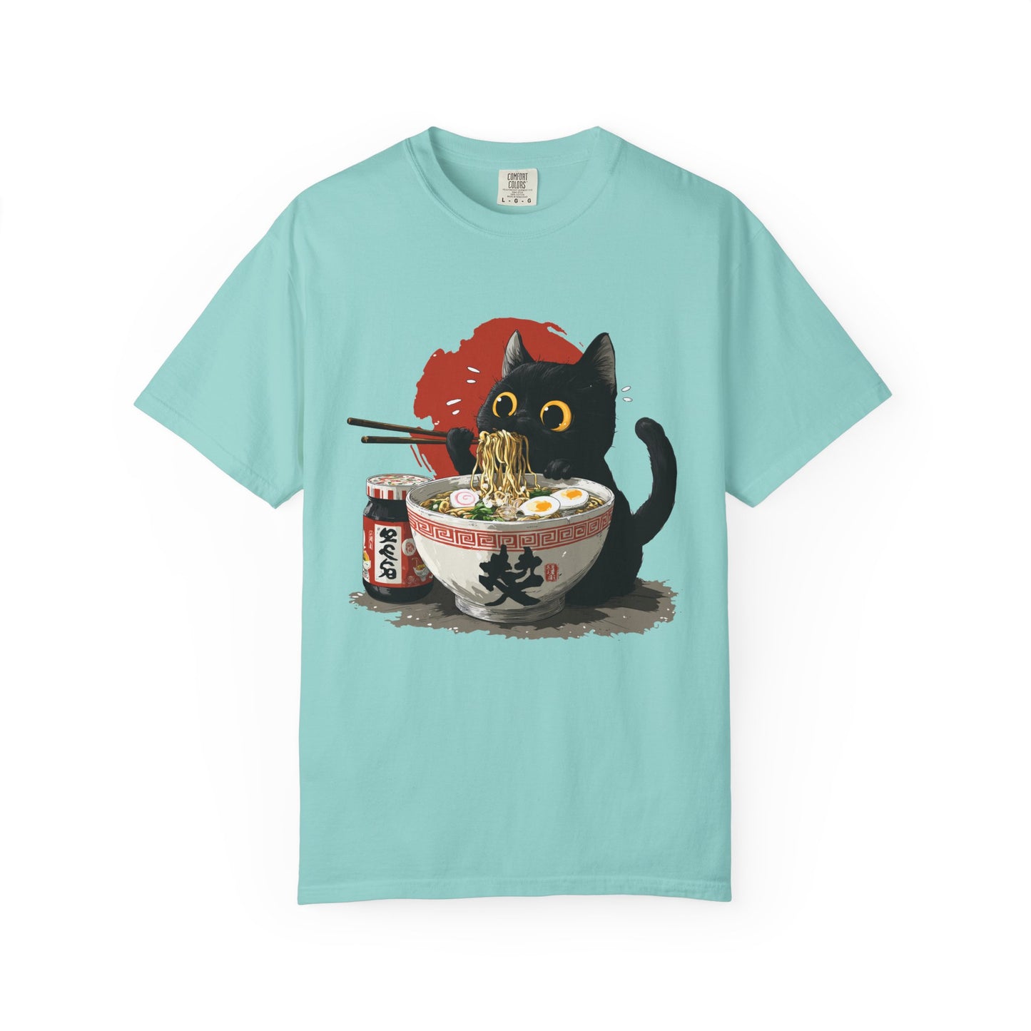 Cat eating ramen noodles Unisex Garment-Dyed T-Shirt - Casual Vintage Style for Everyday Wear