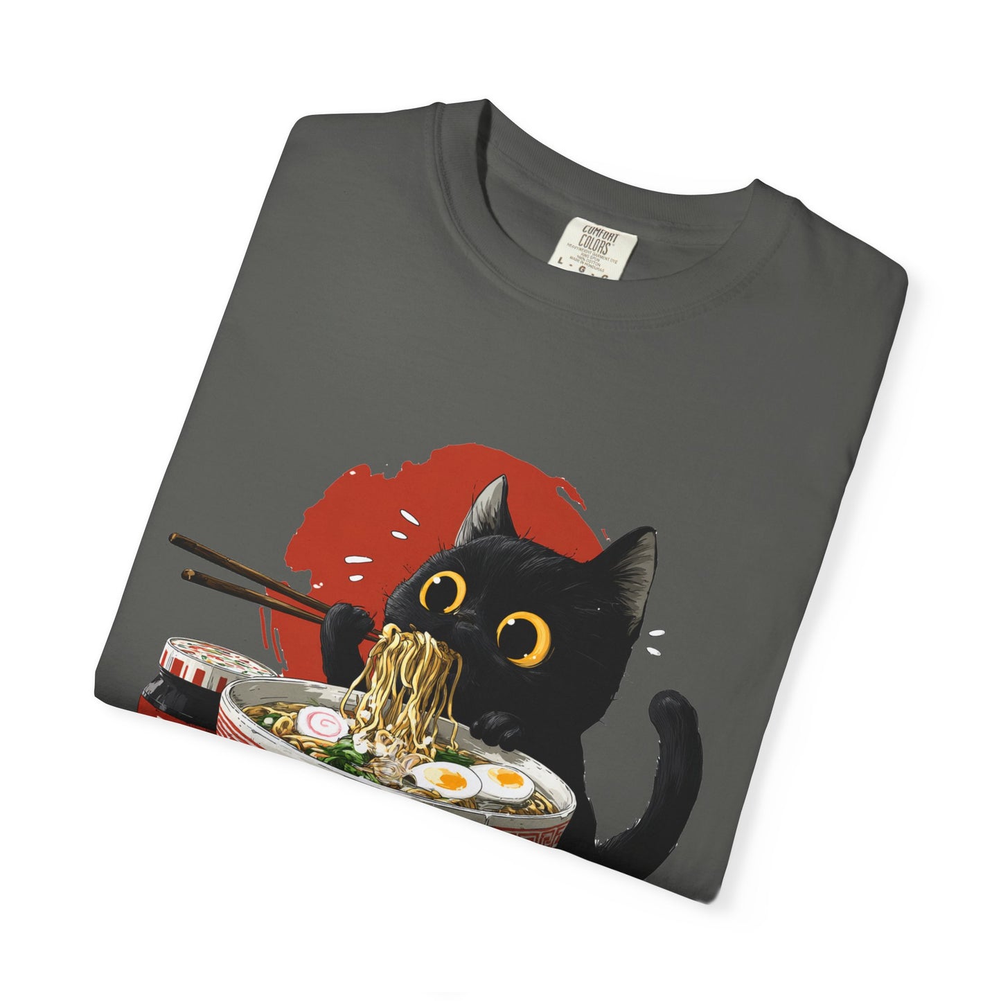 Cat eating ramen noodles Unisex Garment-Dyed T-Shirt - Casual Vintage Style for Everyday Wear