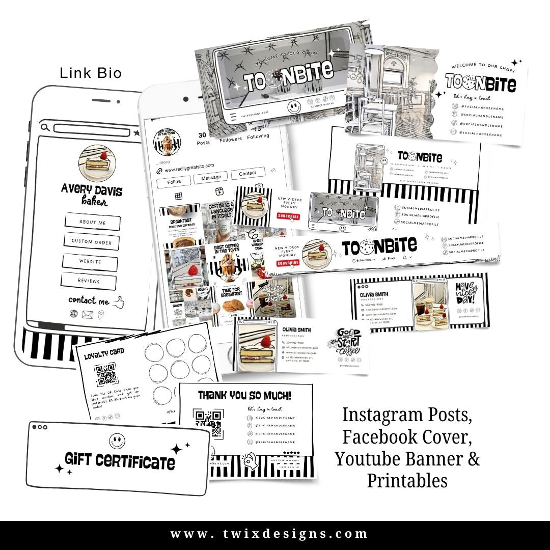 Branding Kit toonbite Editable Canva Templates Business Cards Marketing Posts Sweet 2d Cafe Cartoon Bakery Theme