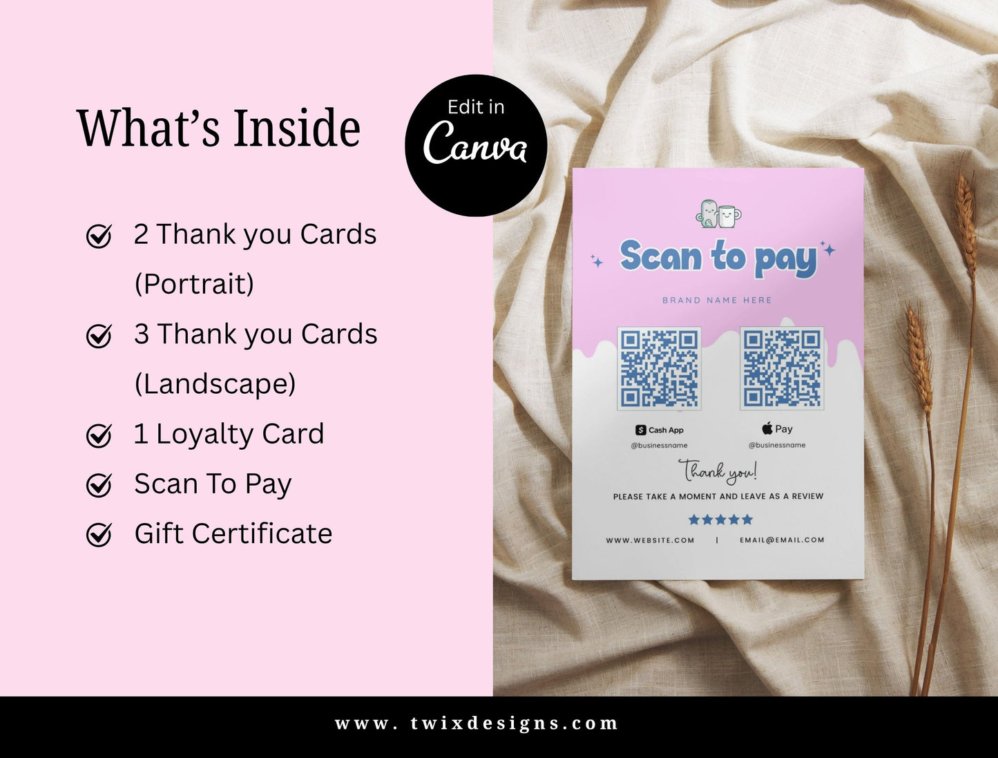 Small Business Printable Kit Canva Templates – Thank You Card, Loyalty Card, Gift Certificate, QR Code Payment Cafebar Theme