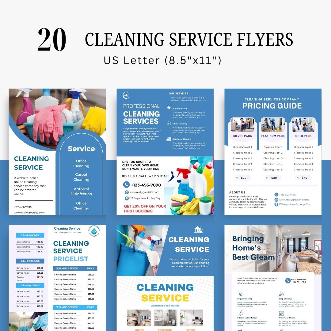 Cleaning Services Bundle, Business Forms, Door Hanger, Flyers, Business Card, Social Media Post, Canva Templates Blue Themes