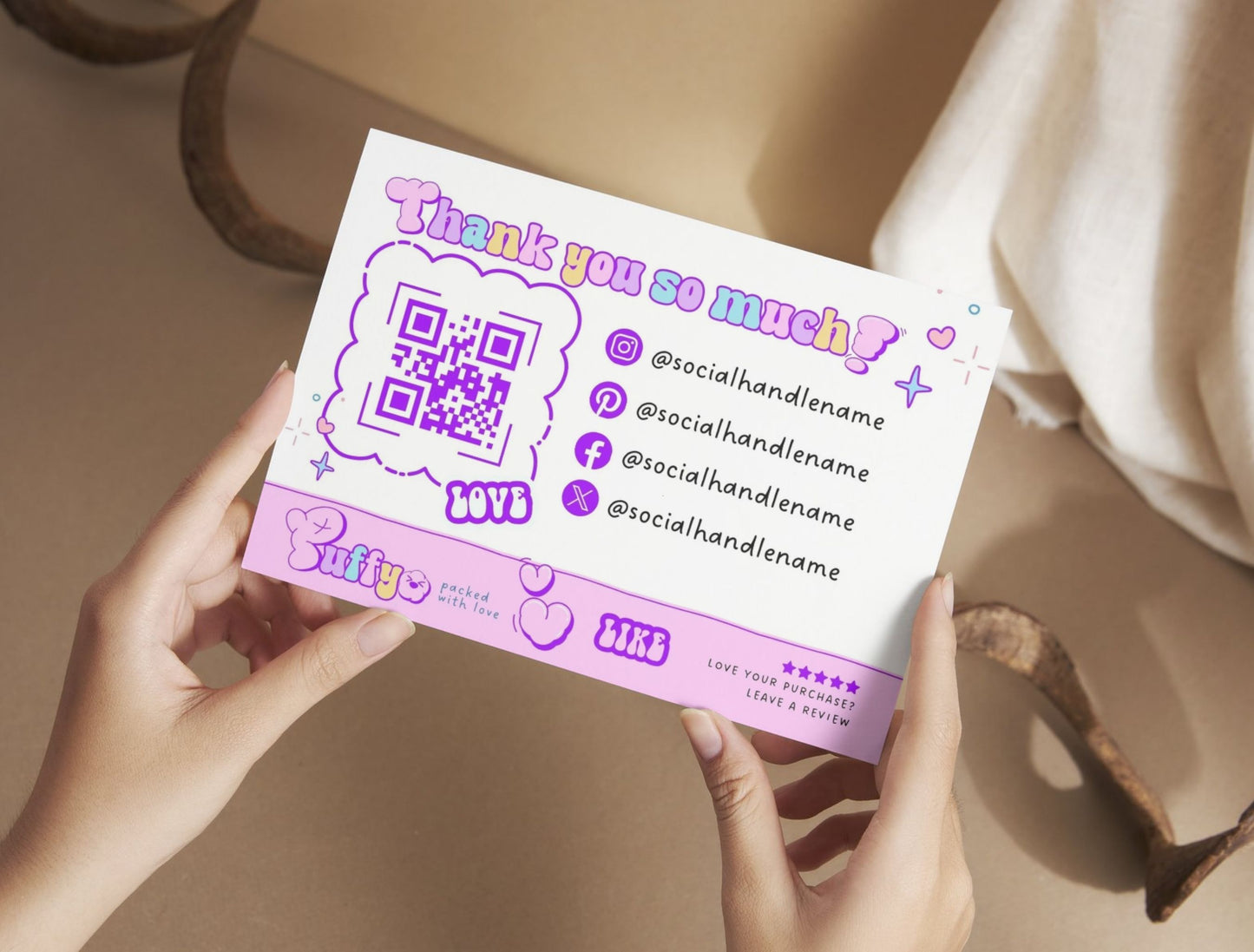 Small Business Printable Kit Canva Templates – Thank You Card, Loyalty Card, Gift Certificate, QR Code Payment Puffy Theme