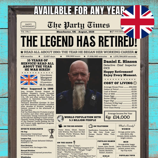 Personalized UK Retirement Celebration Poster - The Legend Has Retired - Personalized Matte Vertical Print