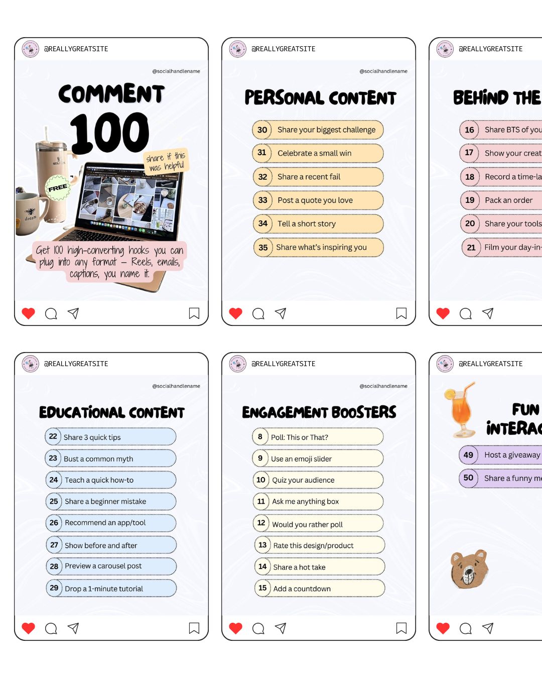 50 Ideas Carousel Kit Social Media Instagram Reels Post Editable Canva Template