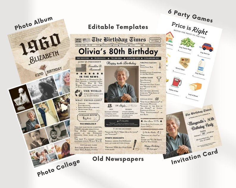 72nd Birthday Vintage Brown Newspaper, EDITABLE Birthday Posters, Printable Newspaper Birthday Gifts, Canva
