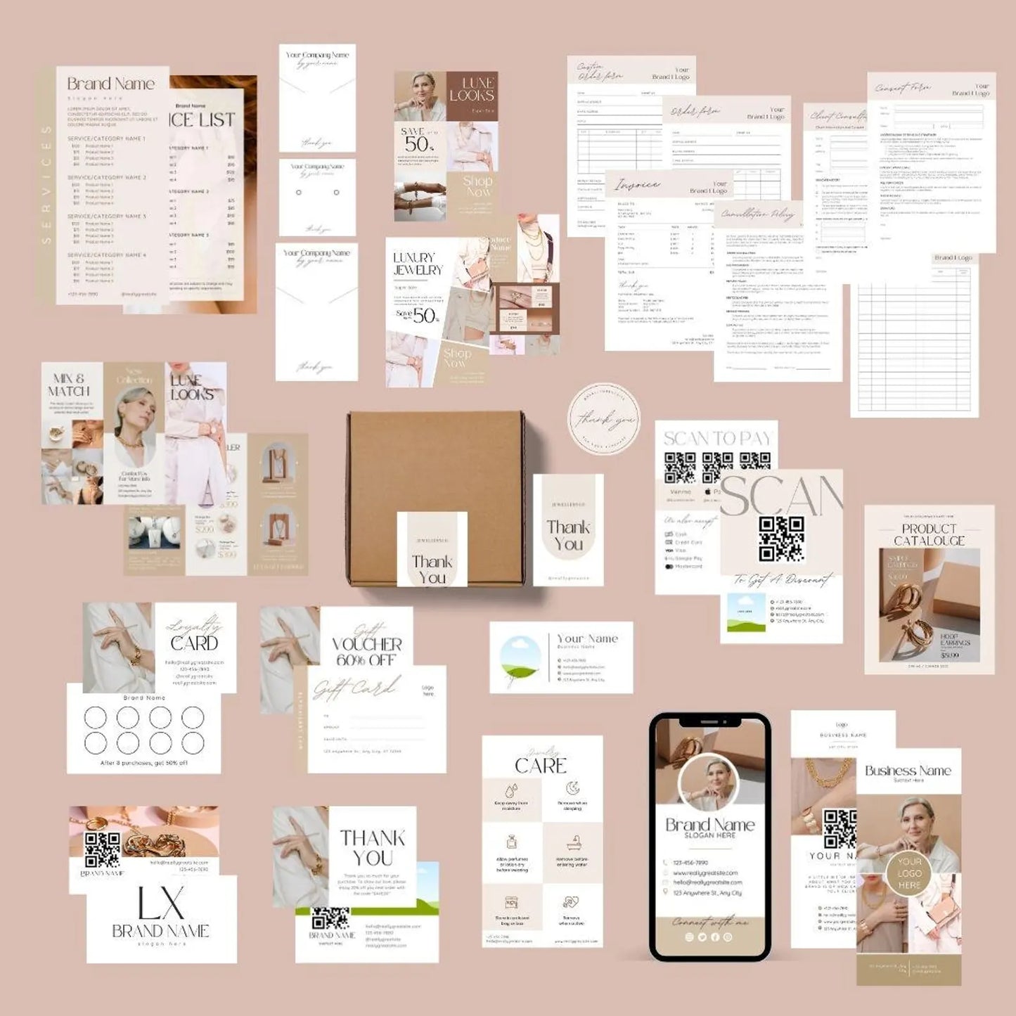 Jewelry Branding Kit, Brand Stationary Bundle, Beige Aesthetic Jewelry kit, Editable Canva Template, Branding kit for Jewelry Business