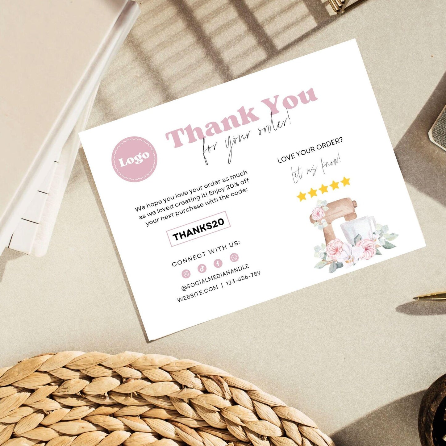 6 Dessert Pink Care Card Printable, Editable Canva Template, Bakery Small Business, 4*3 inch size
