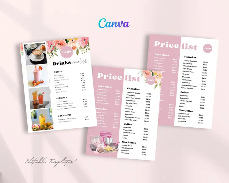 Menu Pricelist Forms Printable, Business Signs, Editable Canva Templates, Bakery Small Business