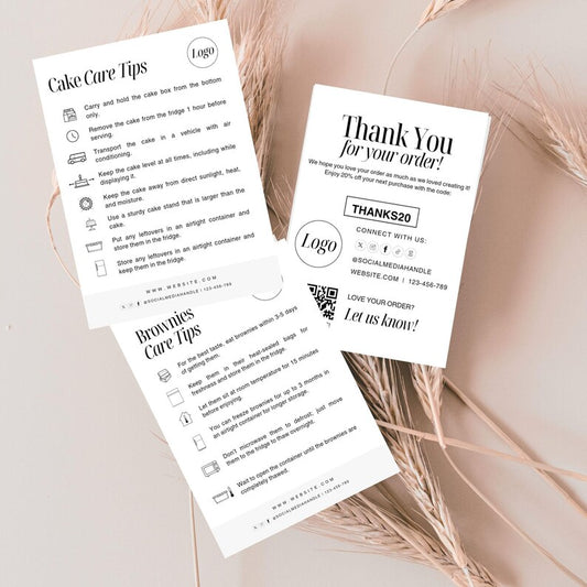 6 Minimalist Dessert Care Card Printable, Editable Canva Template, Bakery Small Business, 3 * 4 inch size