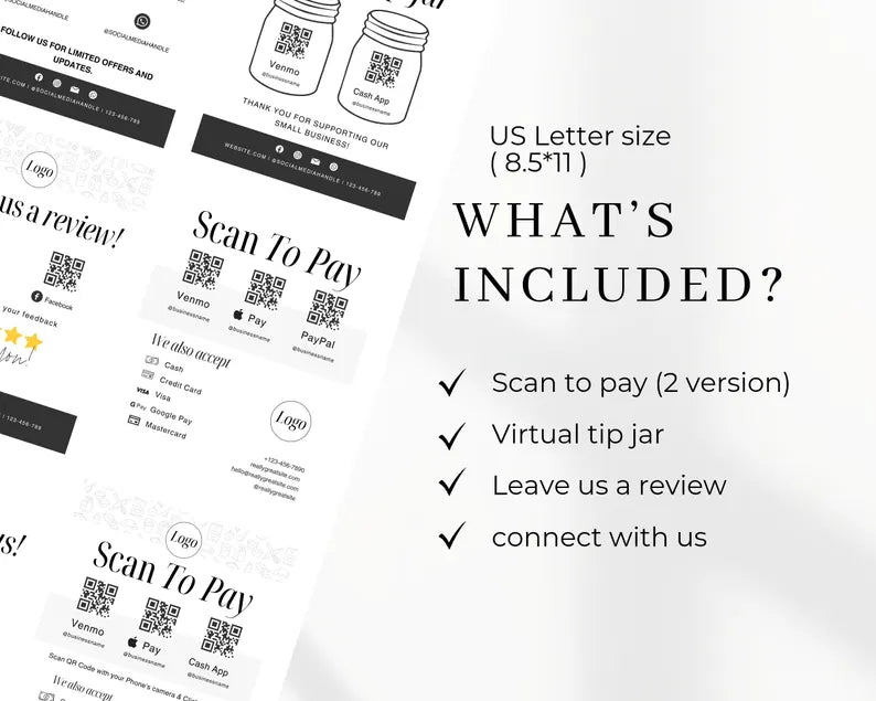 Scan to pay Forms Printable, Virtual tip jar, Leave us a review form, Business signs, Editable Canva Template