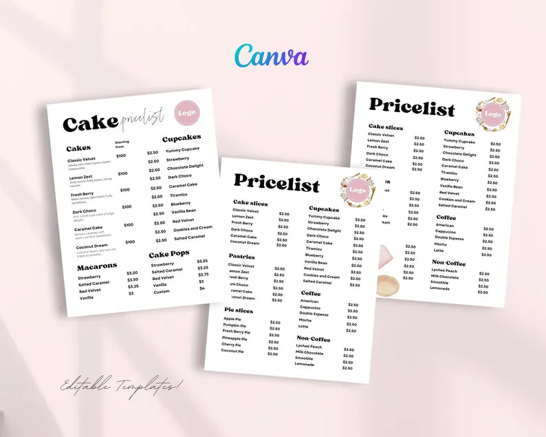 Menu Pricelist Forms Printable, Business Signs, Editable Canva Templates, Bakery Small Business