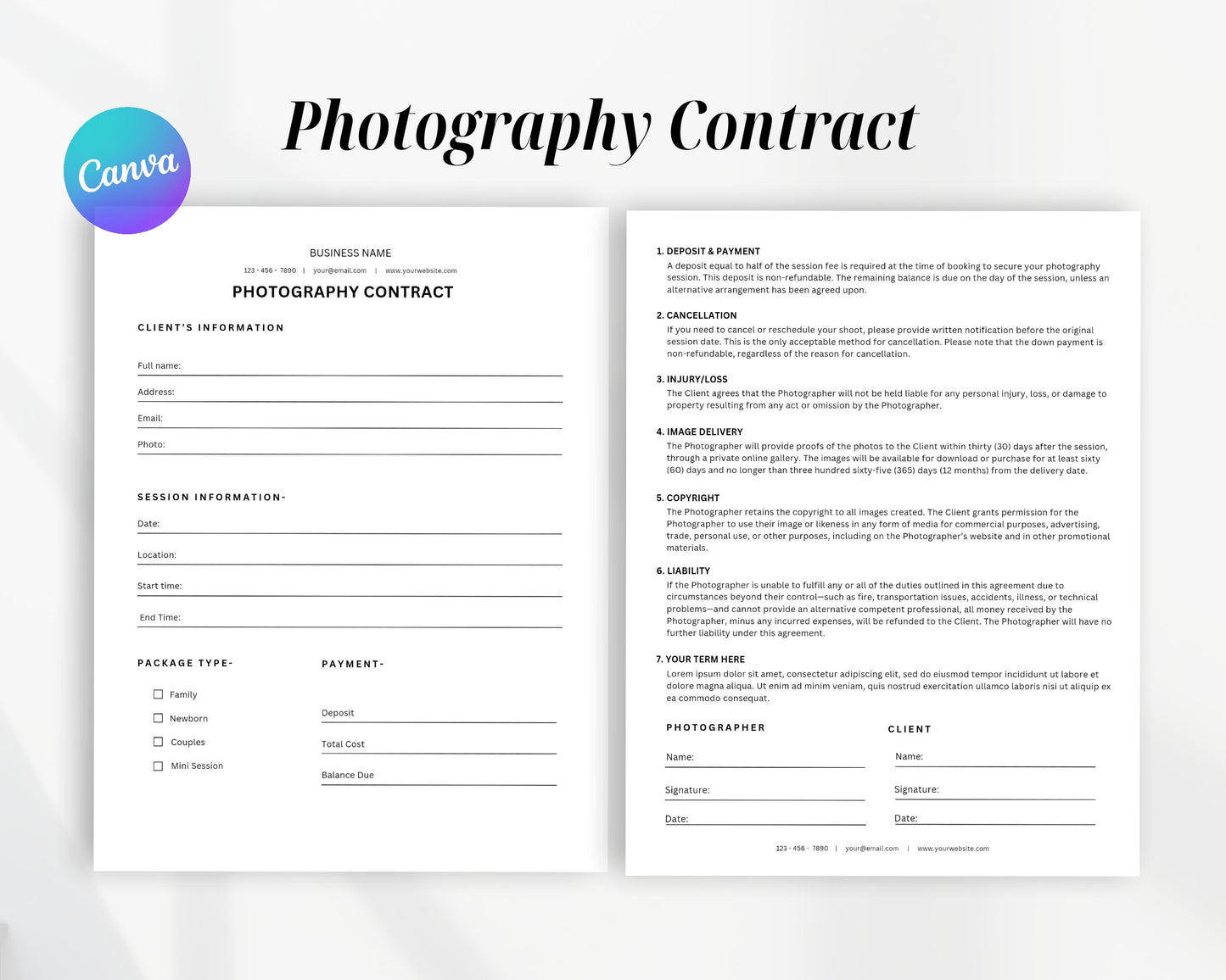 Photography Contract Printable Form, Edit in Canva, Digital