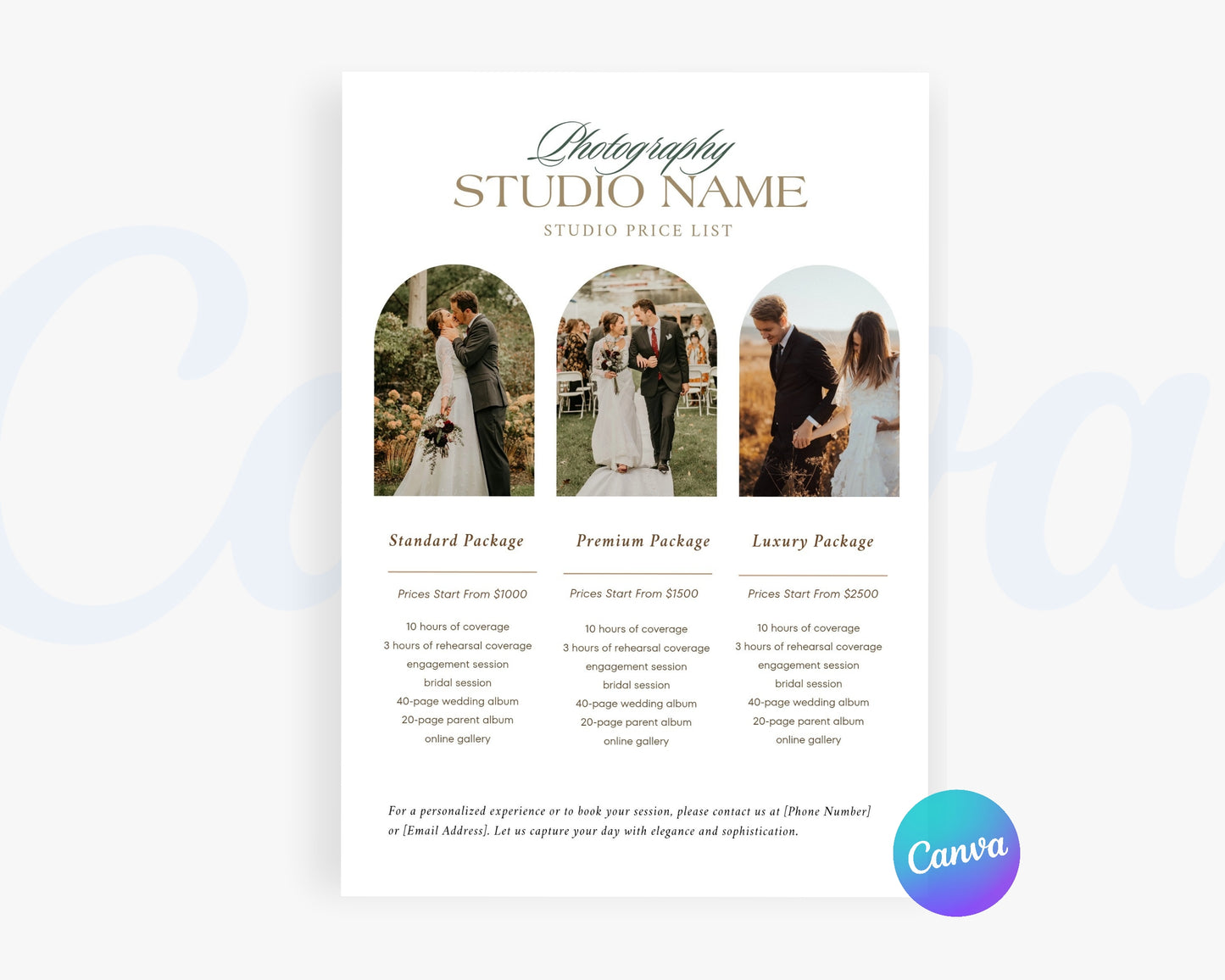 Photography Pricing Guide, Wedding Photography Price List, Edit in Canva - PDP12