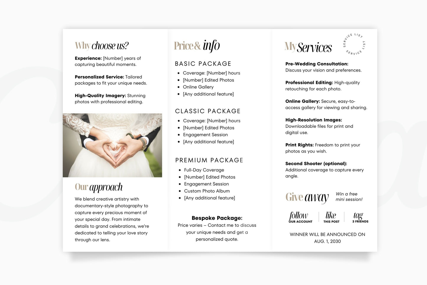 Photography Trifold Flyer Template, Welcome Packet Guide, Newborn, Edit in Canva - PTD1