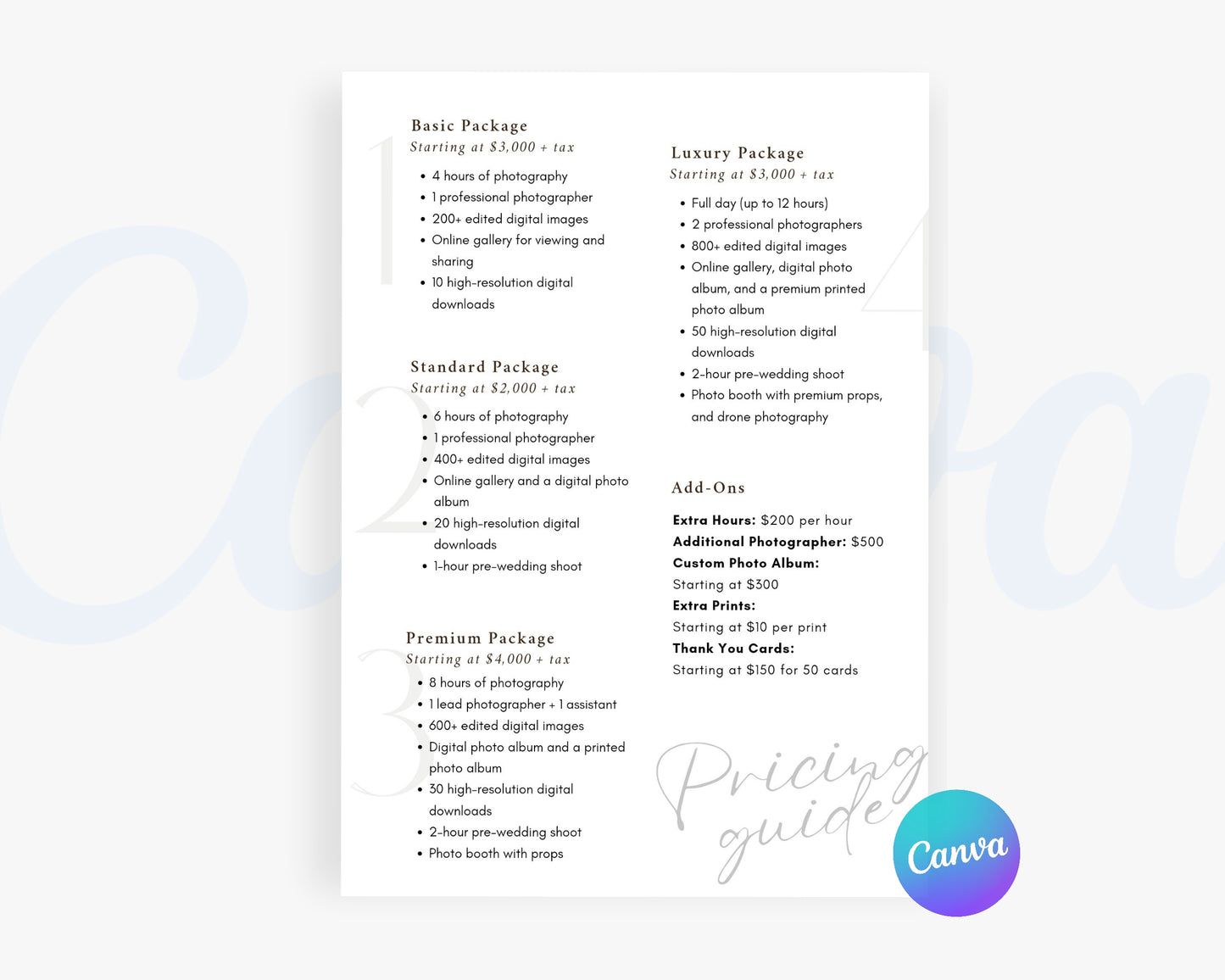 Photography Pricing Guide, Wedding Photography Price List, Edit in Canva - PDP07