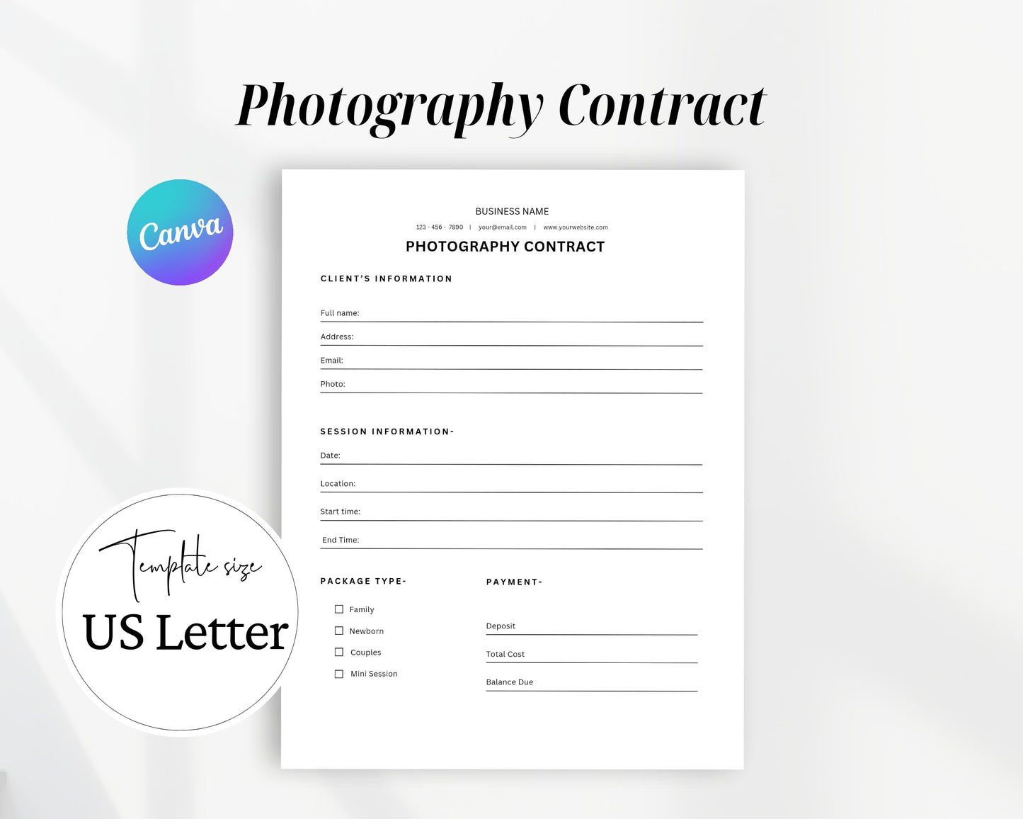 Photography Contract Printable Form, Edit in Canva, Digital