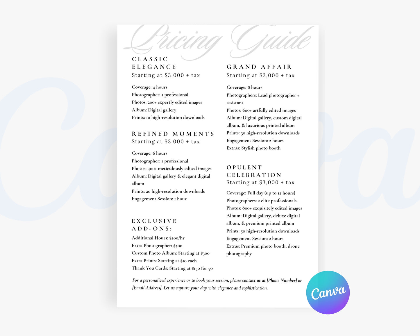 Photography Pricing Guide, Wedding Photography Price List, Edit in Canva - PDP06