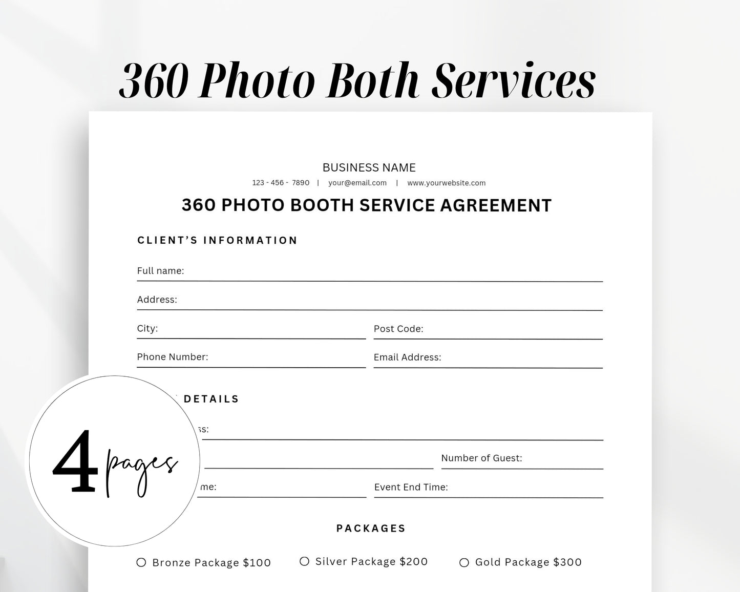 360 Photo Booth Service Agreement Printable Form, Edit in Canva, Digital
