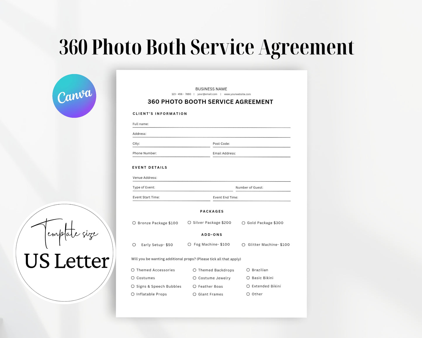 360 Photo Booth Service Agreement Printable Form, Edit in Canva, Digital