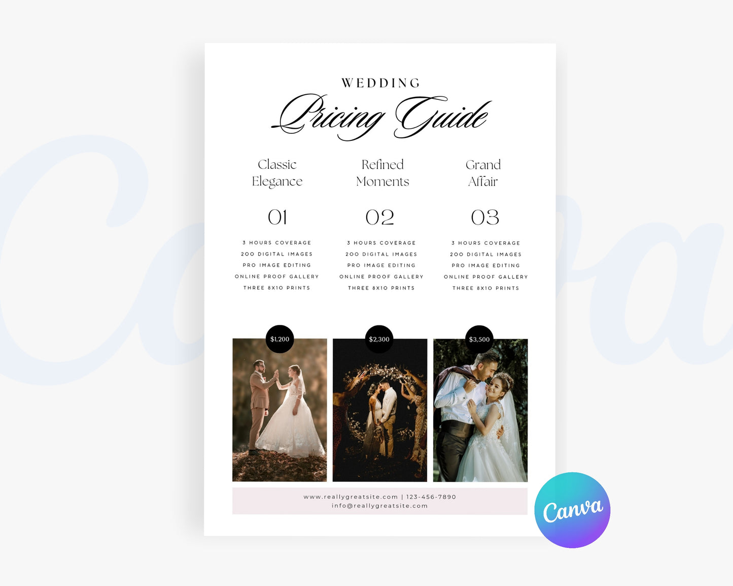 Photography Pricing Guide, Wedding Photography Price List, Edit in Canva - PDP09