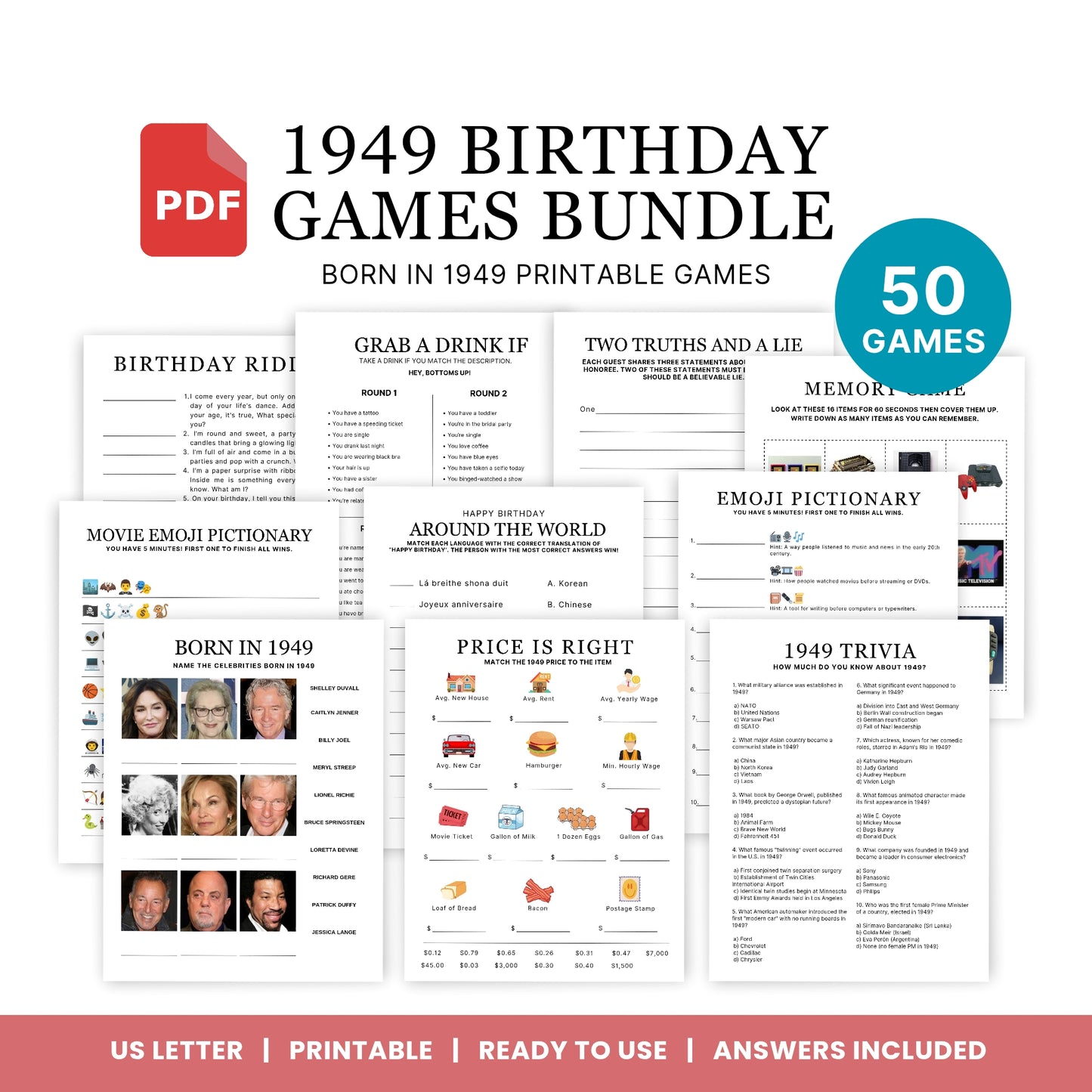 1950 Birthday Games, Born in 1950 Games, 75th Birthday Party Games, Printable Birthday Bundle