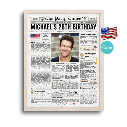 26th Birthday Vintage Newspaper, EDITABLE Birthday Posters, Printable Newspaper Birthday Gifts, Canva