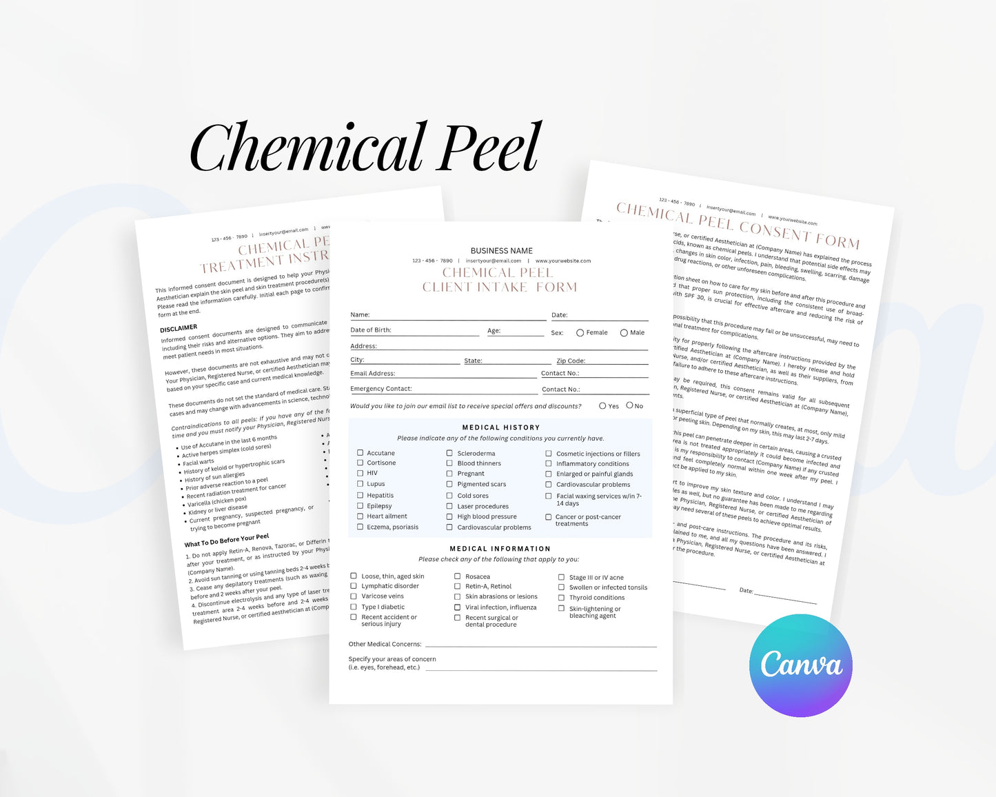 Chemical Peel Form, Consultation form, Client consent form, Editable Canva templates