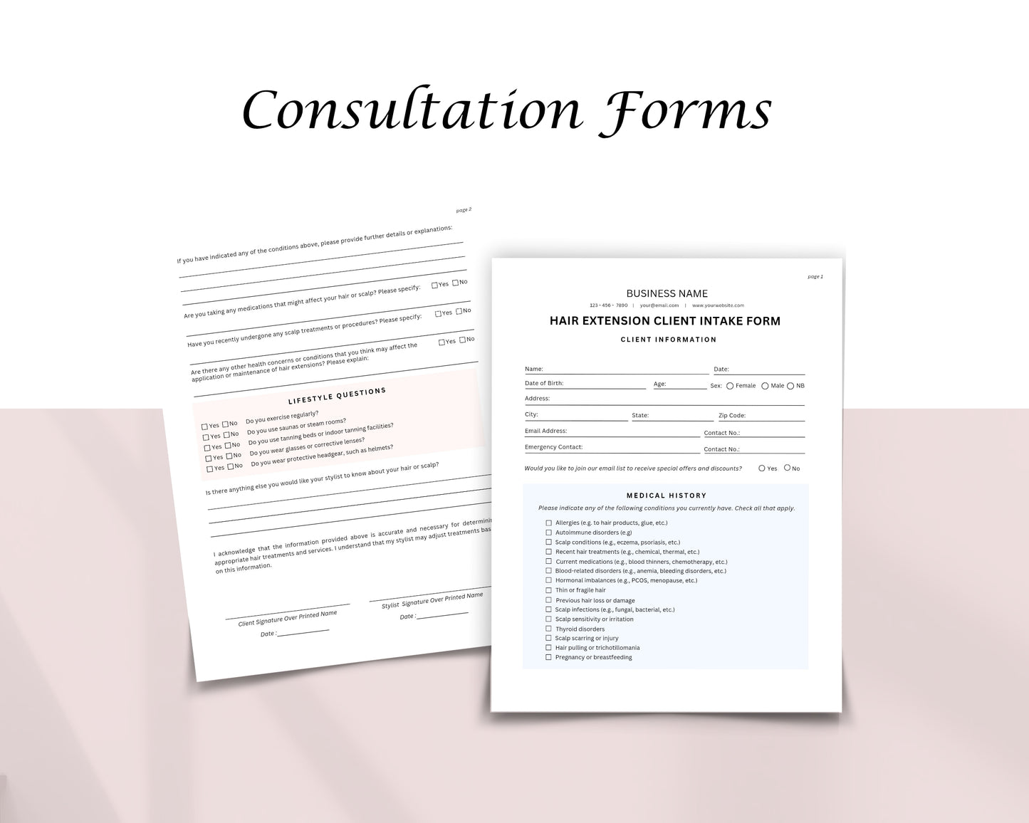 Hair Extensions Business Forms, Consultation form, Client consent form, Loyalty & Business Card, Edit in Canva