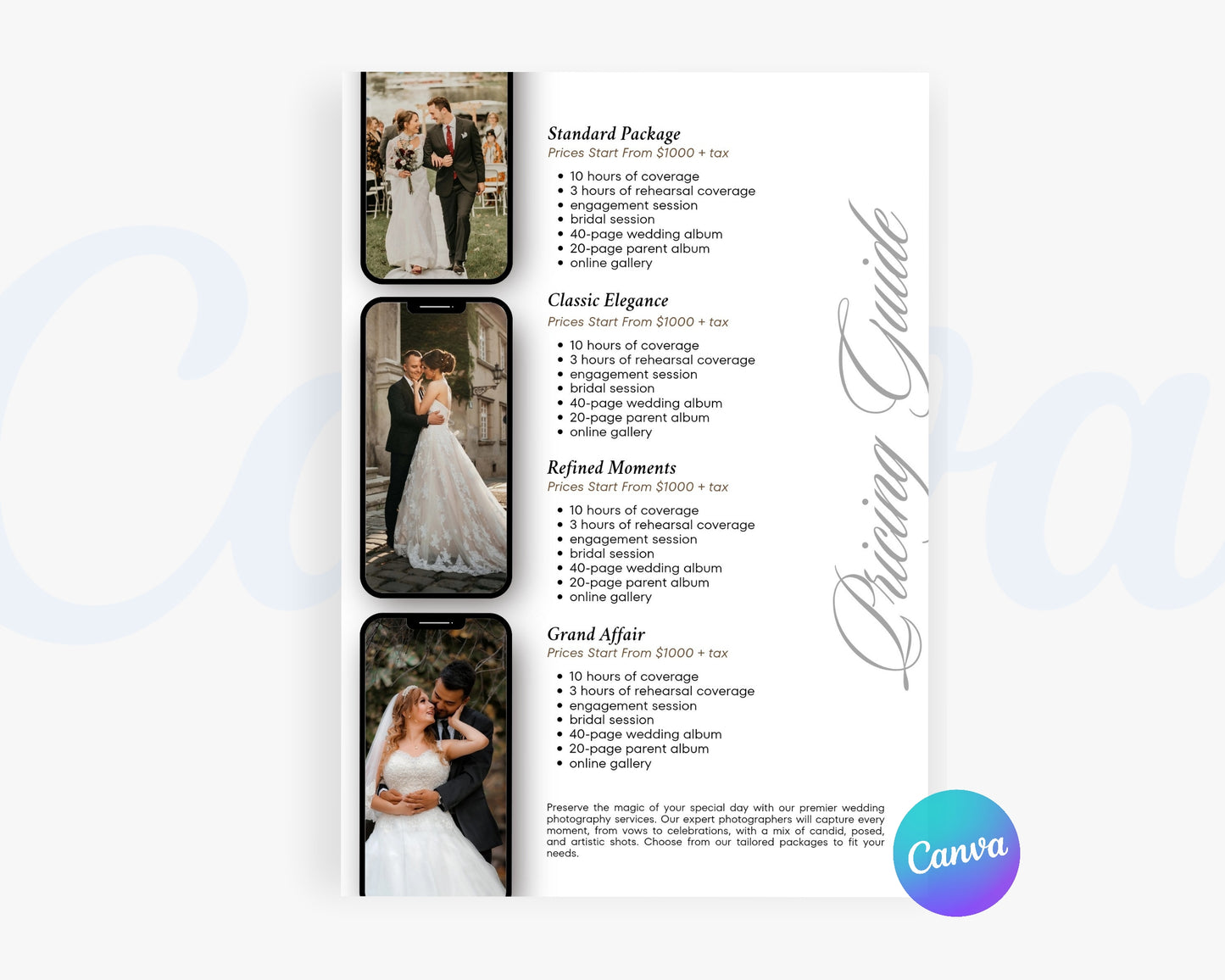 Photography Pricing Guide, Wedding Photography Price List, Edit in Canva - PDP19