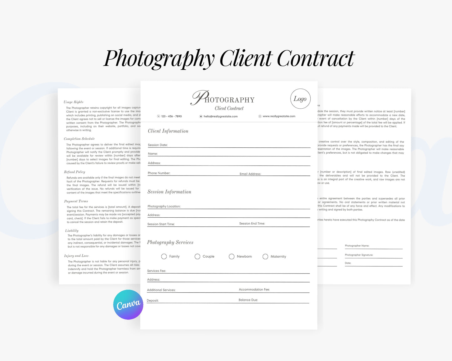 Photography Client Contract Forms, Edit in Canva