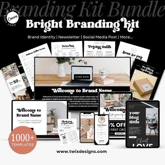 Editable Bright Branding Kit, DIY Canva Modern Black Grey theme, Thank You Business Cards, Social Media Post, Websites, 1000+ templates