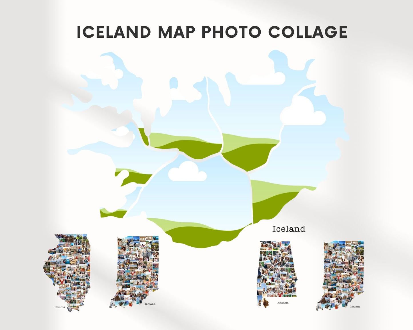 EDITABLE Iceland Map Photo Collage, 6 Photos, Map Wall Art, CANVA, Digital