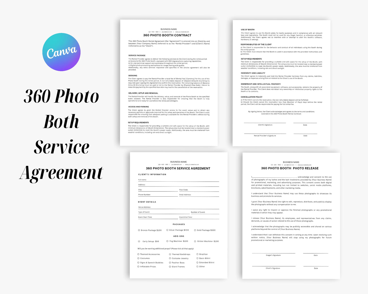 360 Photo Booth Service Agreement Printable Form, Edit in Canva, Digital