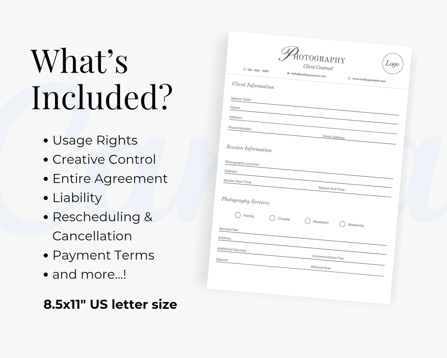 Photography Client Contract Forms, Edit in Canva